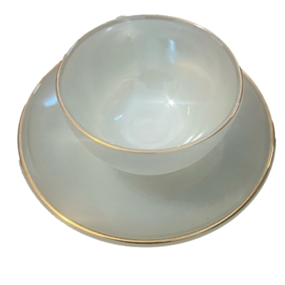 Pastel Green Gray French Arcopal Tea Cup/Saucer Set. Opaque Iridescent Pastel Go